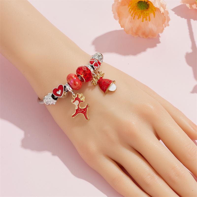 Christmas Themed Stainless Steel Bracelet For Girls With Snowflake Reindeer Crystal Beads And Tree Charm Gift