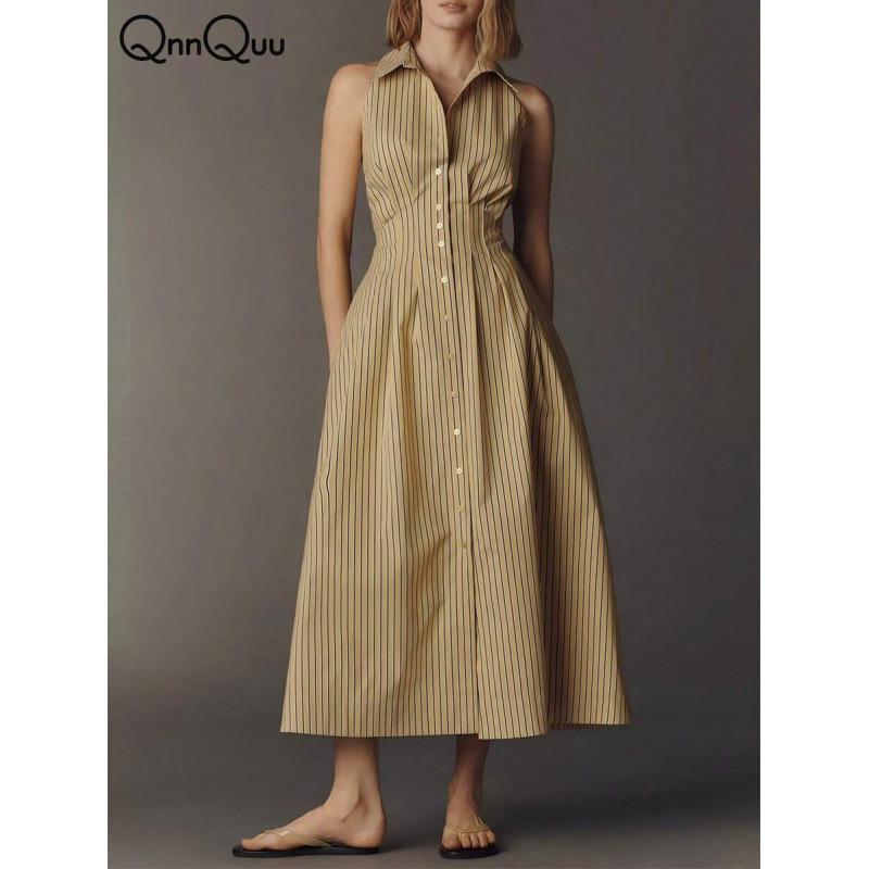 European summer new elegant temperament French retro sleeveless shirt collar pleated A-shaped long skirt S