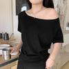 Korean slanted shoulder slack off-shoulder short-sleeved t-shirt women's summer loose lazy babes student bottoming top