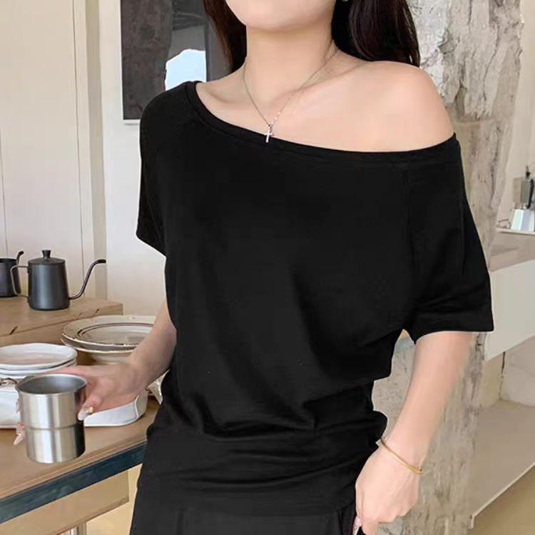 Korean slanted shoulder slack off-shoulder short-sleeved t-shirt women's summer loose lazy babes student bottoming top