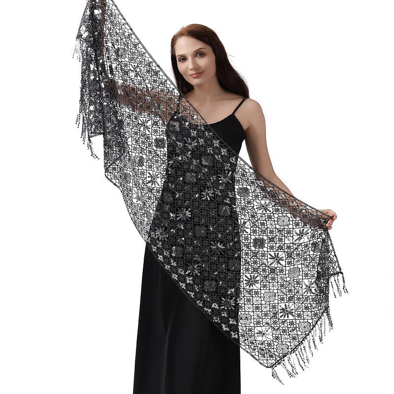 50*180cm with Fringed Women's Sparkling Sequin Lace Deco Scarf, Shawl Wraps For Evening Dress Mesh Shawls Capes For Party