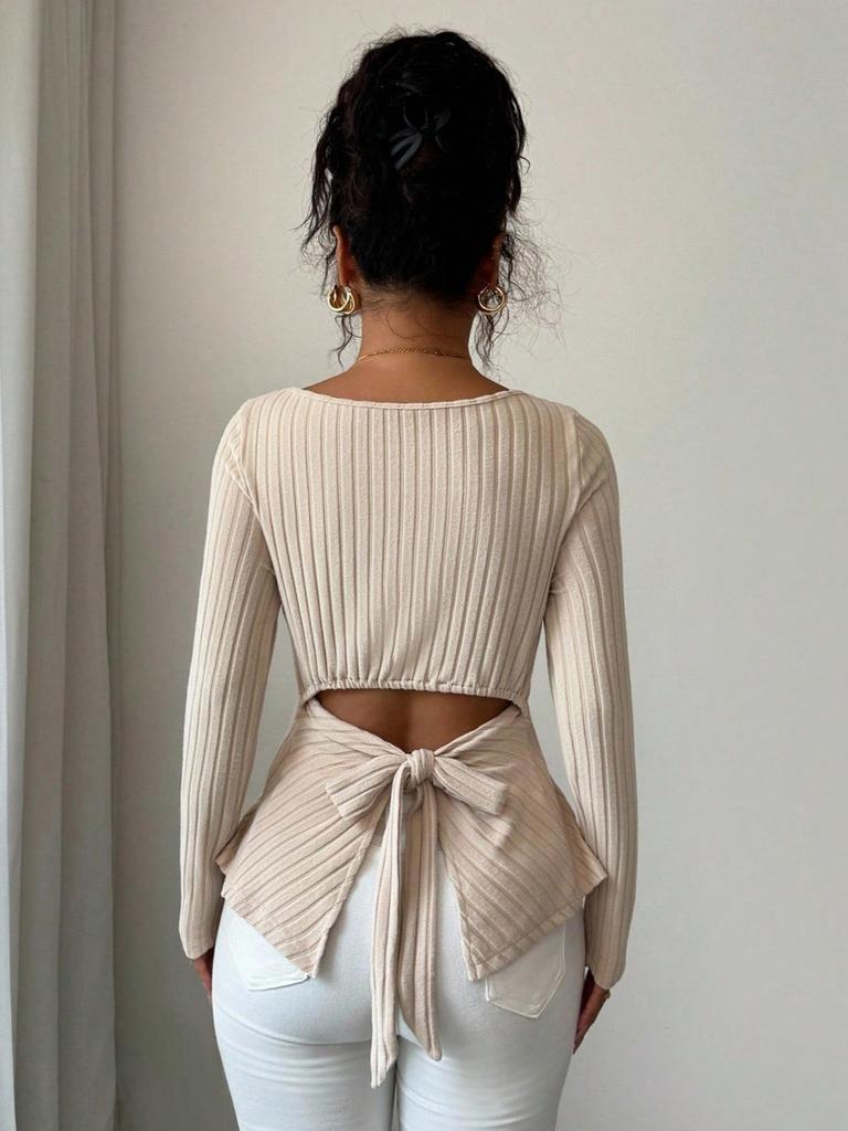 Women's Elegant Slim Fit Square Neck Autumn/Winter Top with Butterfly Knot
