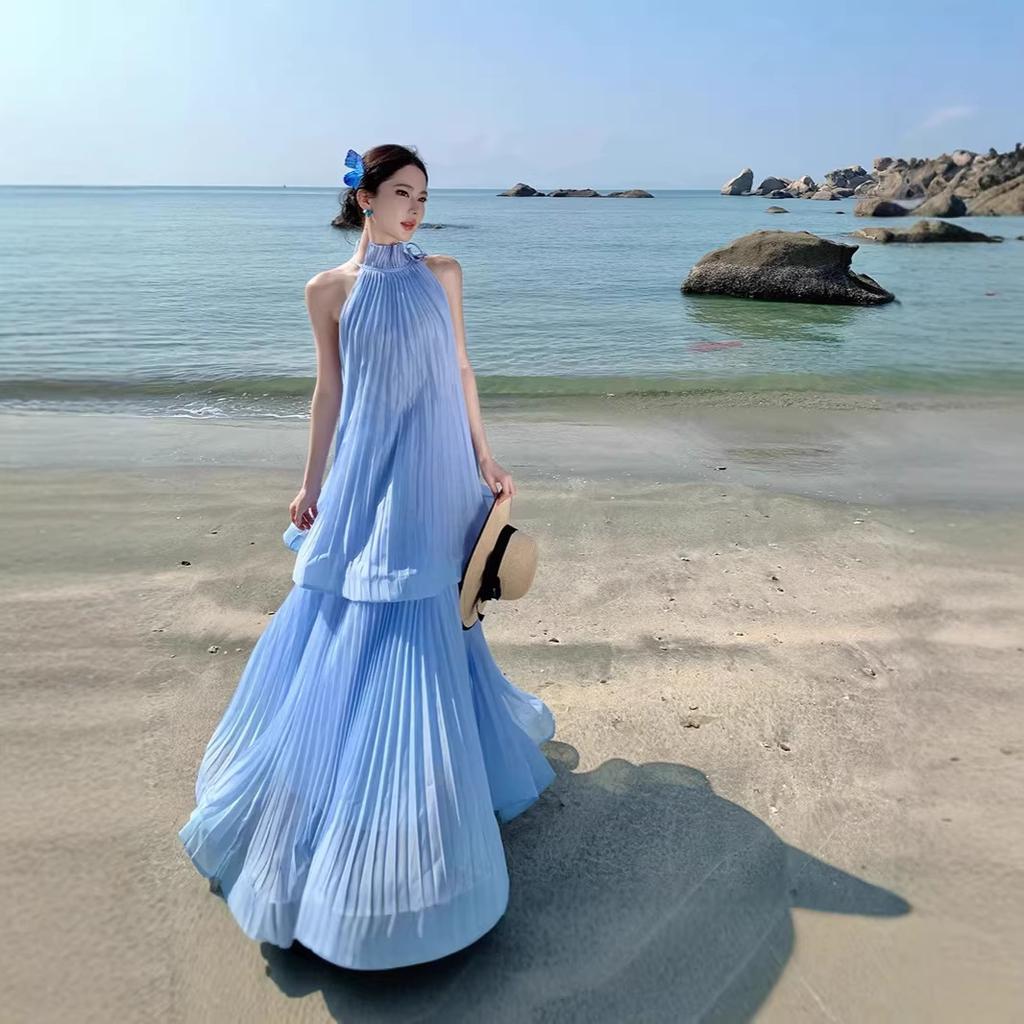 Seaside Holiday Style Blue Fresh and Trendy Neck Long Dress French Sleeveless Ruffle Edge Design Pleated Dress