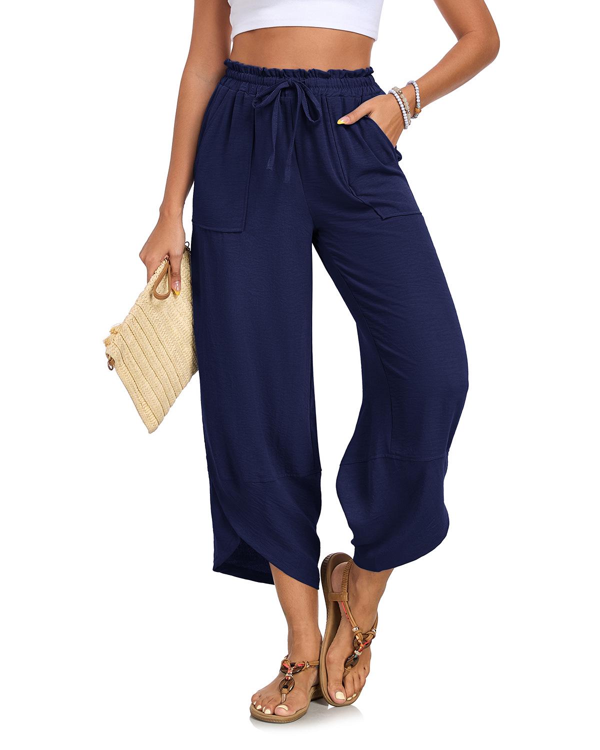 

Women s Casual Summer Loose Petal Print Seven-Point Pants with Elastic Waist and Pockets 2XL темно-синий
