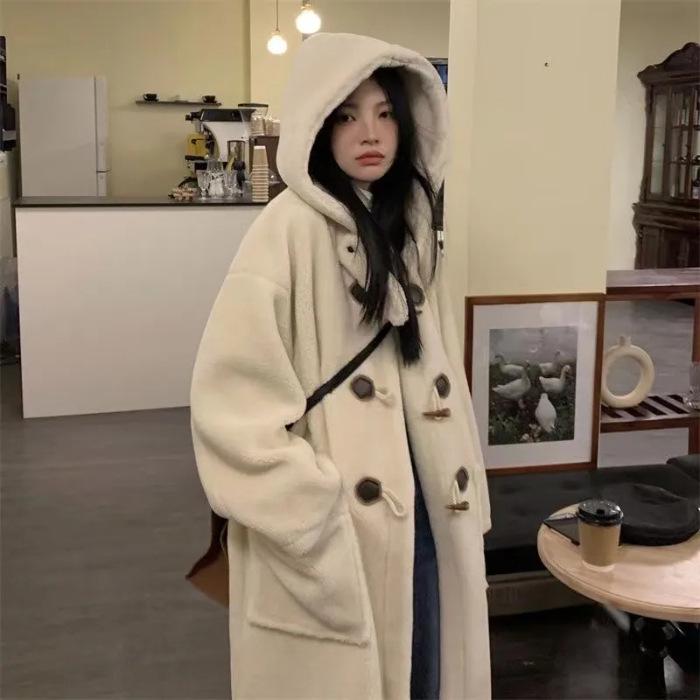 Horn Button Women's Lamb Wool Long Coat - College Style, Warm & Slim, Hooded, for Autumn/Winter 2023