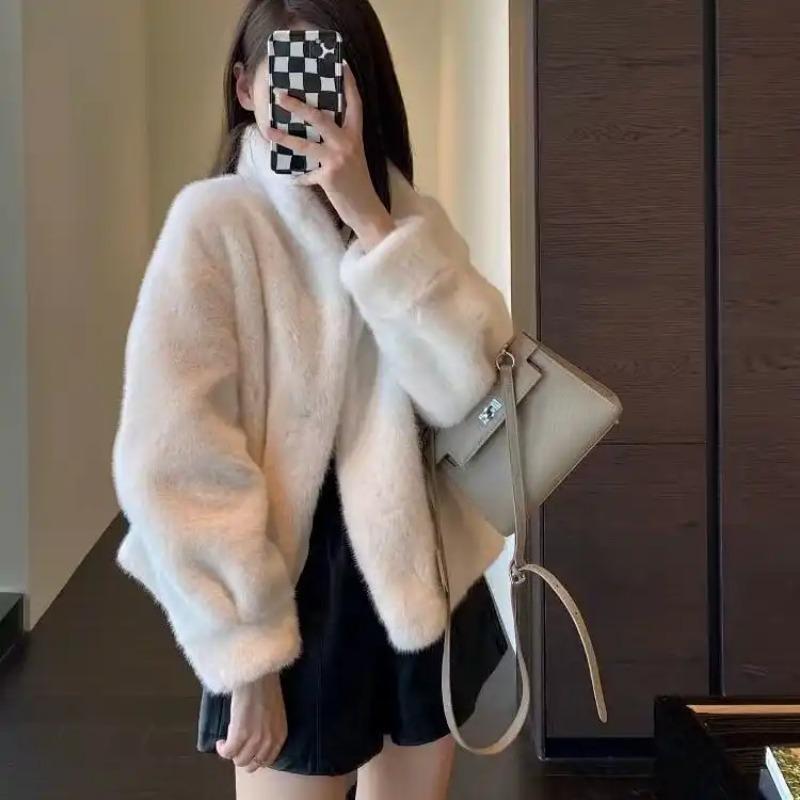

Women s Short Beige Faux Fur Coat Stand Collar Warm Winter Jacket Casual Streetwear S білий