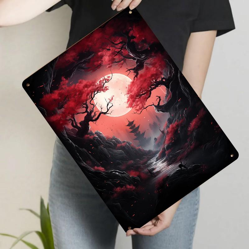 

Chinese Style Red Maple Moonlit Landscape Metal Iron Painting Living Room Study Wall Art Decor 20x30cm（7.8x11.8inch）