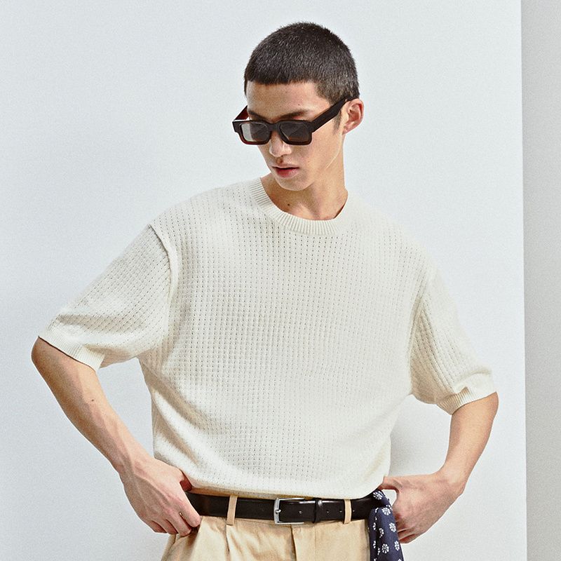 

HM Men s Knitwear 2025 Fall New Arrival Loose American Hole Knitted Fashion Casual T-shirt 1288365 White 165/84(XS)