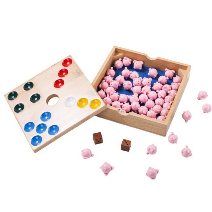 Brettspiel - ENGELHART - Schweineloch - 60 Silikon-Schweinchen - 2 Würfel - Aus Bambusholz