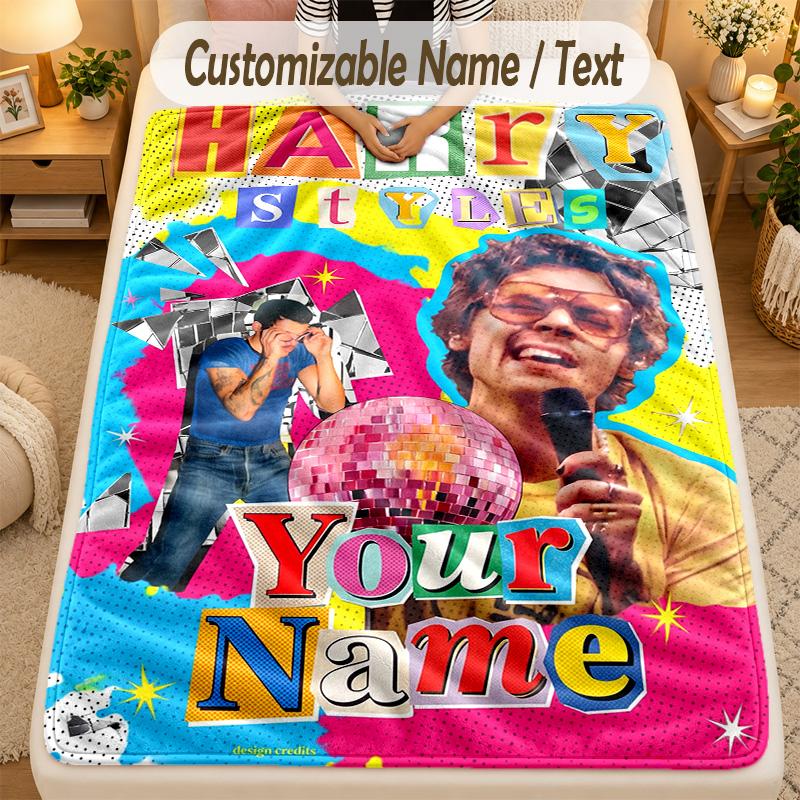 Flannel BlanketHarry Styles Custom Name Text Personalized Soft Warm Throw Blanket Home Decor Gift