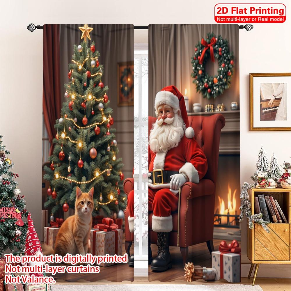 2pcs 2D Flat Printing Christmas Party Curtain Christmas Santa Fireplace Cat 100% Polyester Without Electricity 0 for