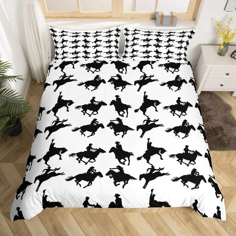 Western Cowboy Bettbezug Set Einzelbett King Wild West Themen Cowboy Bettwäsche Set Mikrofaser Rodeo Cowboy Pferd reitend Steppdeckenbezug