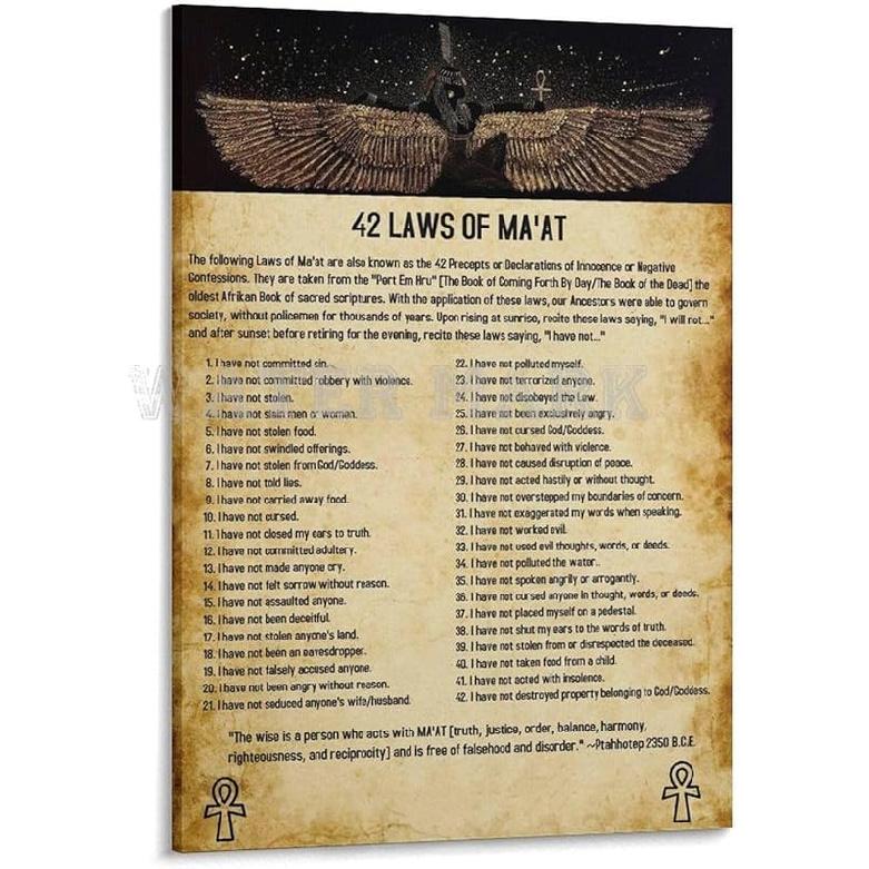 TYNUYYT Vintage Ancient Egyptian Culture Poster 42 Laws Of Maat Poster Canvas Painting Posters And Prints Wall Art for Living Room Bedroom Decor 18L  x 12W