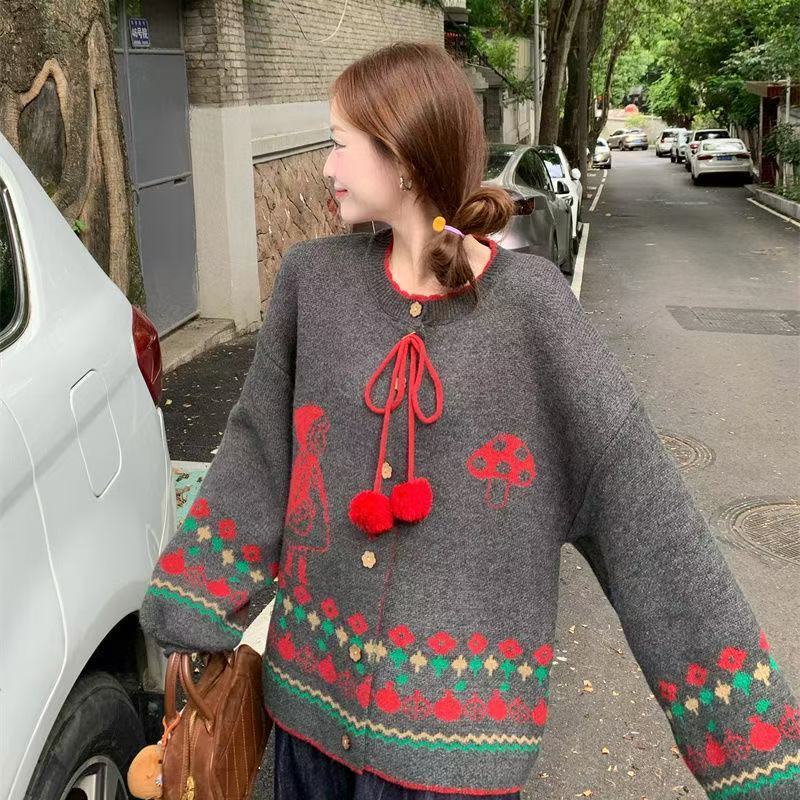 

Женские простые жаккардовые свитера с помпонами из шерсти, ретро-кардиган свободного кроя однотонного цвета, осенний женский универсальный модный топ на одной пуговице 3XL серый