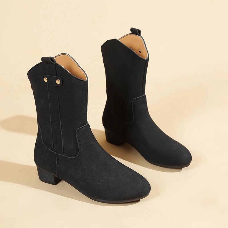 Mode Kuhvelours Stiefeletten Damen Hohe Qualität Runde Zehenpartie Slip-on Kurze Stiefel Damen Herbst Flache Schuhe Damen Western Cowboy Stiefel Frau