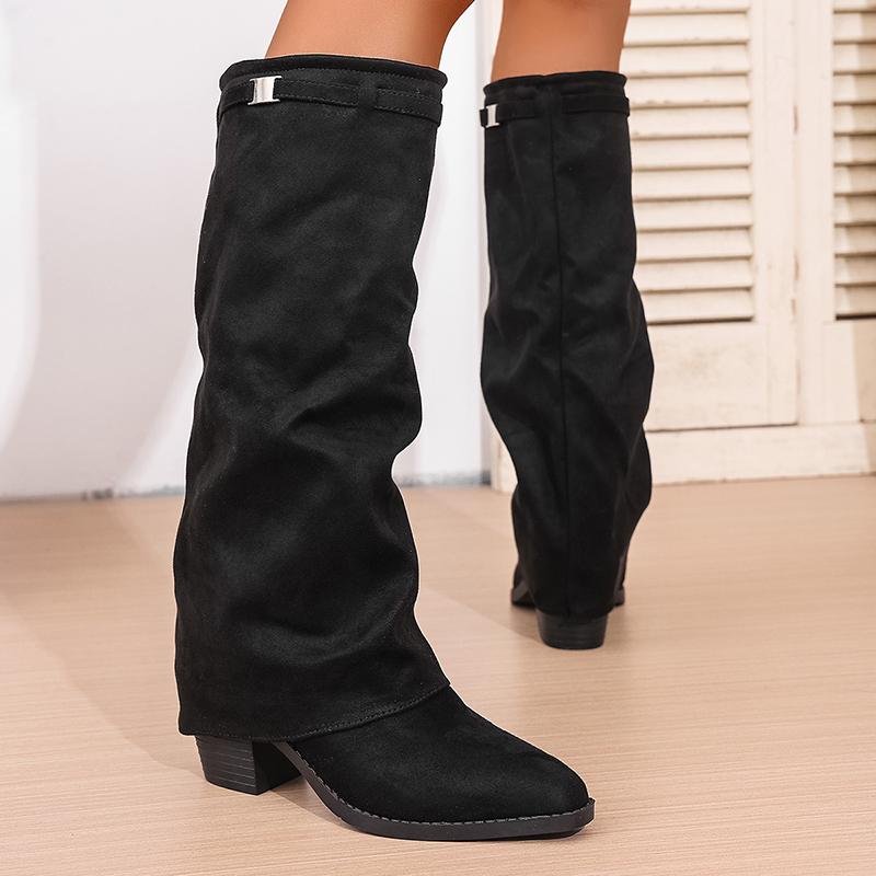 Fashion Slip On High Heeled Knee High Boots Women Autumn Winter High Tube Rider Pointed Toe Thick Heel Long Botas