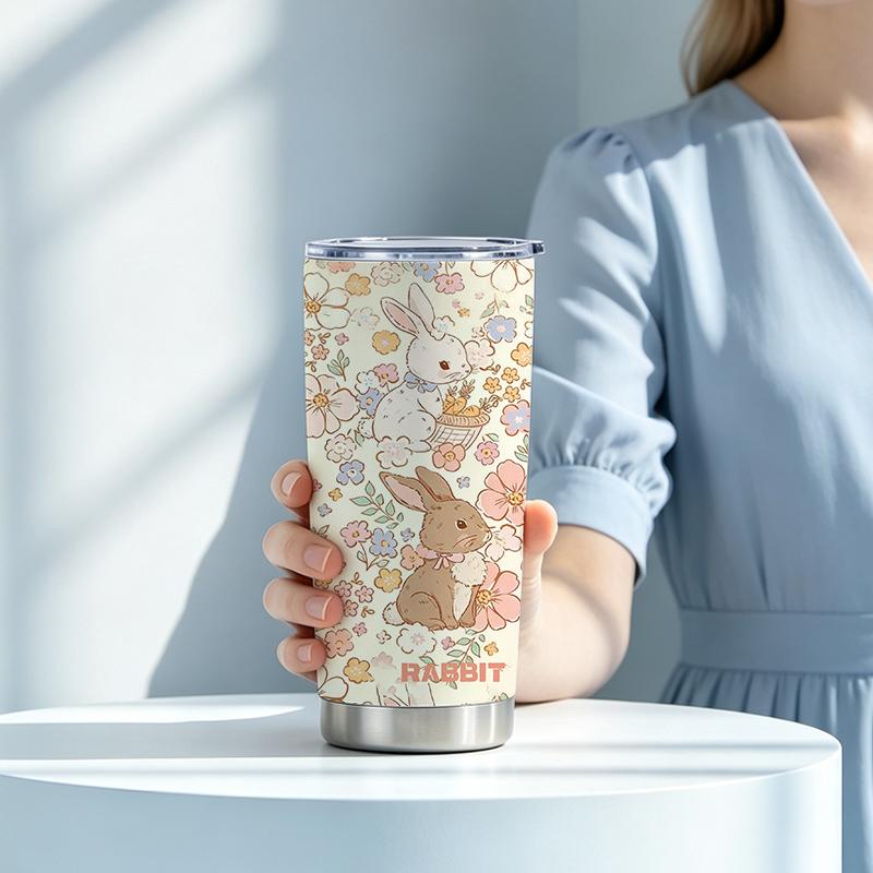 Car Tumbler 591ml(1 Random Straw Included)Two-Tone Floral Bunny MotifCommuter Cup Vacuum Insulated Cup Steel Straw Cup 591ml Car Tumbler