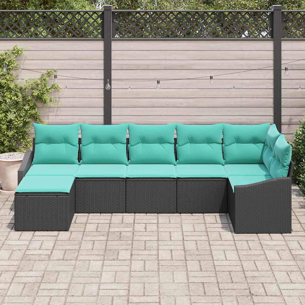 7 Piece Sofa Set with Cushions Black Poly Rattan
