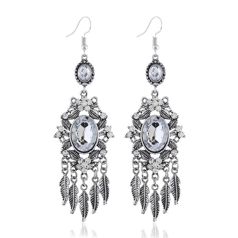 Retro Oval Rhinestone Leaf Tassel Dangle Earrings for Women