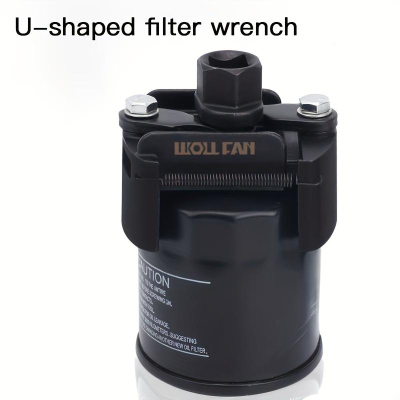 Adjustable Oil Filter Wrench, German U-Shaped Multi-Function, Two-Jaw Reversible Mechanism, Black Metal with Hex Socket and Adjustment Knob