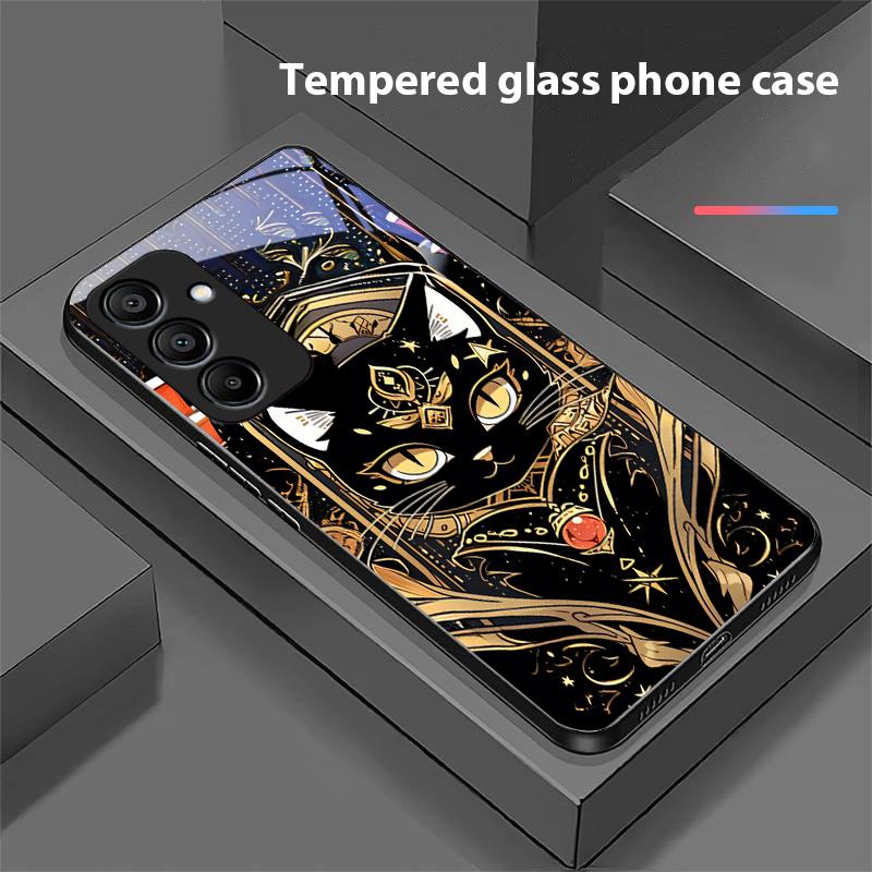 Black Gold Cat For Samsung Galaxy A15 5G 54 4G 51 50 24 35 90 71 12 51 53 52S 80 22 34 Black Tempered Glass Phone Case