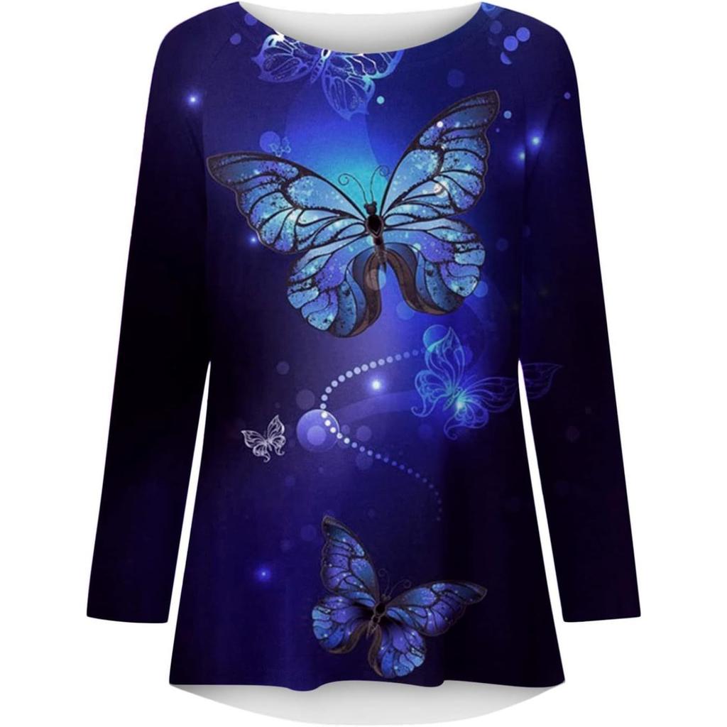 Spring and Autumn Round Neck 3D Butterfly Pattern Printed Top Fashionable Casual Long Sleeved Women's T-shirts