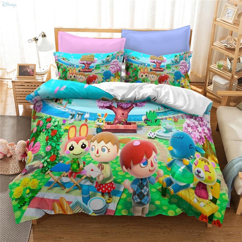 Animal Crossing Games Pattern Bedding Set Cartoon Print Duvet Cover Set with Pillowcase Twin Full Queen King Size Bedclothes