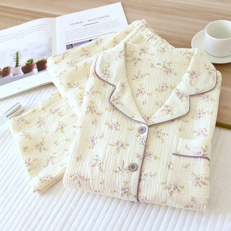 2026 Spring and Autumn Women's New Pajama Cotton Long Sleeved Pants Set with Collar Flower Crape Fabric Home Clothing Set Ladies