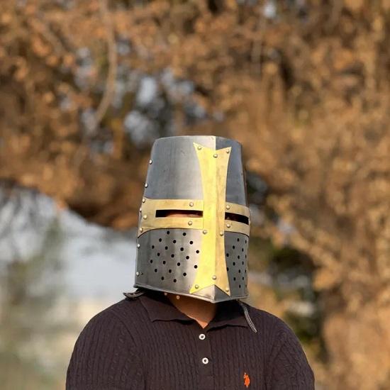 Templar Grey Crusader Knight Helmet Medieval Great Helm, Larp And Cosplay Helmet ,Handmade Steel  Brass Helmet