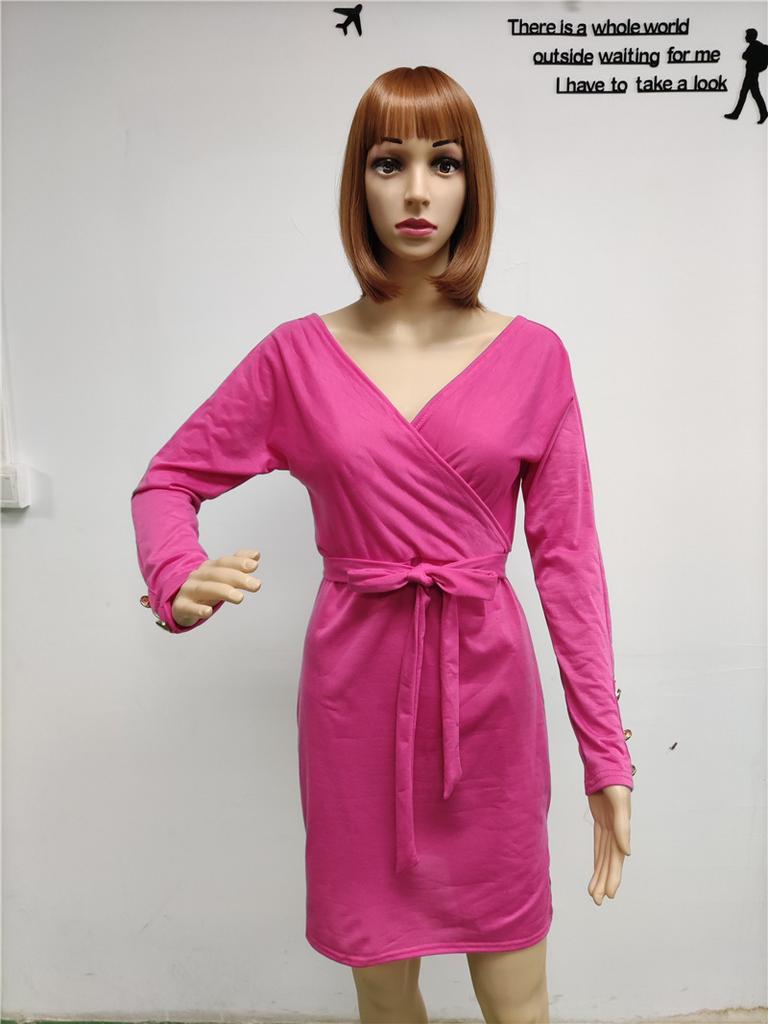 Damen V-Ausschnitt Keine Lässig Langarm Figurbetont Frühling/Herbst Büro Dame Gürtel Damen Polyester Normal Baumwolle Knielang Knöpfe Kleid