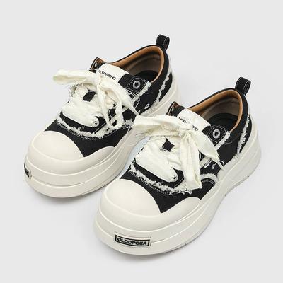 Bandage Canvas Shoes Black and White Couple Big Head Shoes  Platform Men's Shoes Trendy Retro Versatile Heightening Board Shoes