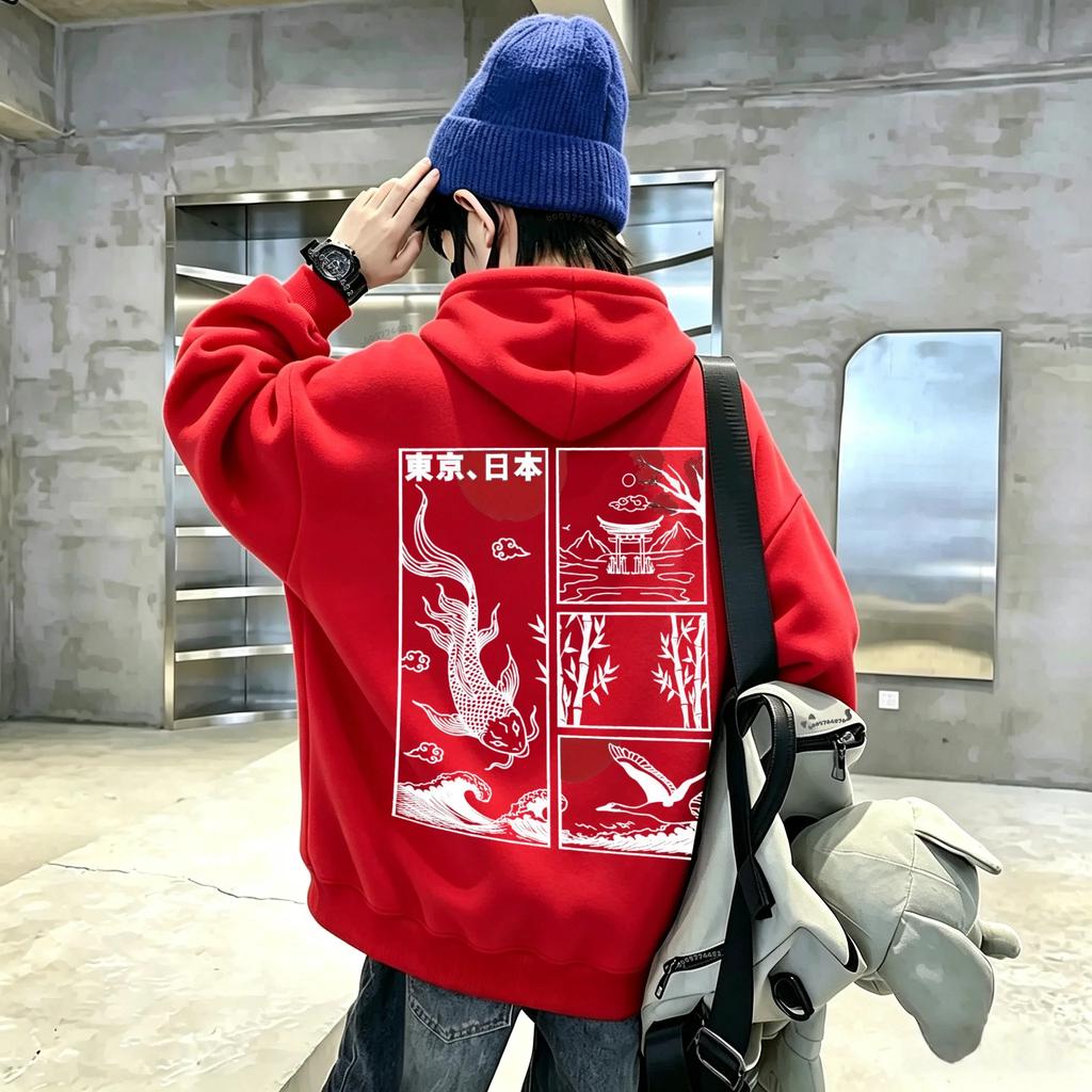 Nieuwe casual hoodie met lange mouwen in vintage stijl voor kinderen, met kunst-geïnspireerde patronen van koi, kraanvogels en bergen.