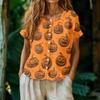 Women's Fashion Henley Neck Button Front Shirt Halloween Pumpkin Print Short Sleeve Casual Top Lightweight Comfortable Fabric