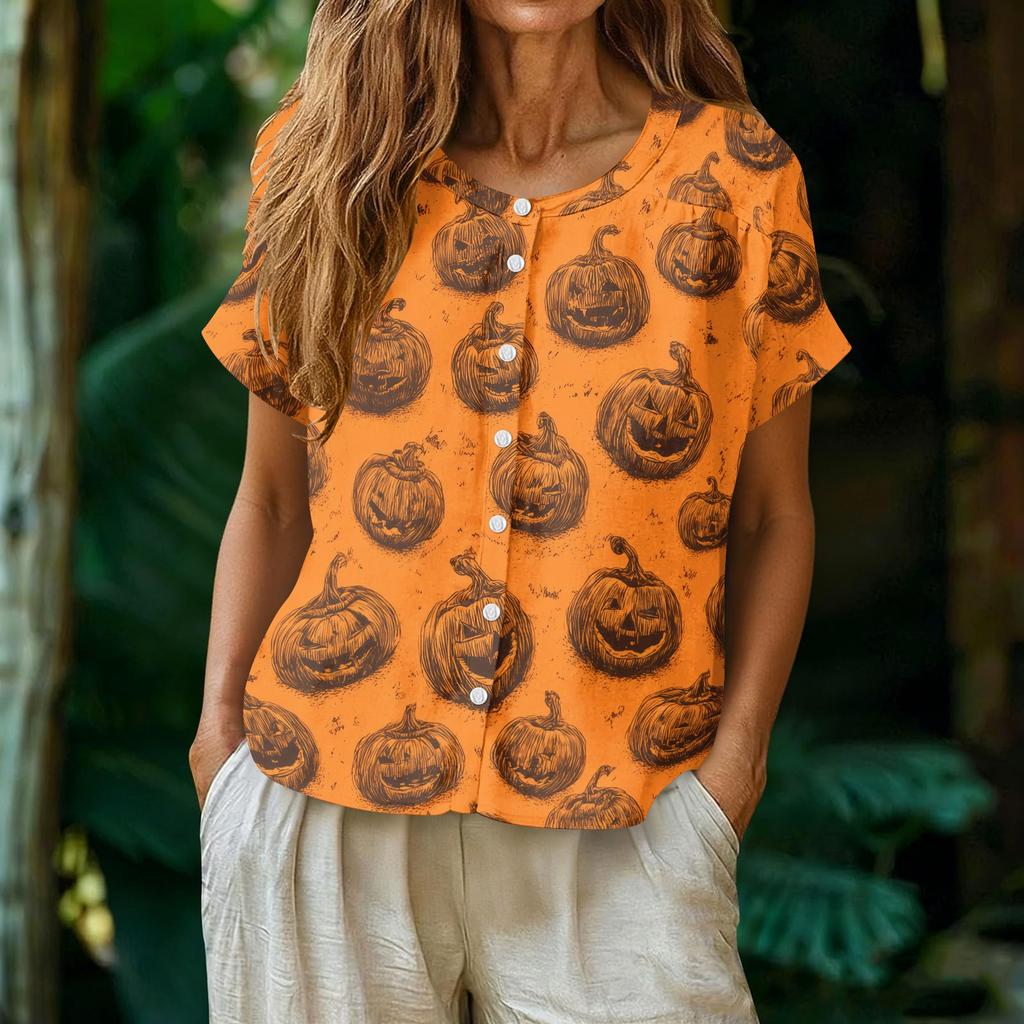 Women's Fashion Henley Neck Button Front Shirt Halloween Pumpkin Print Short Sleeve Casual Top Lightweight Comfortable Fabric