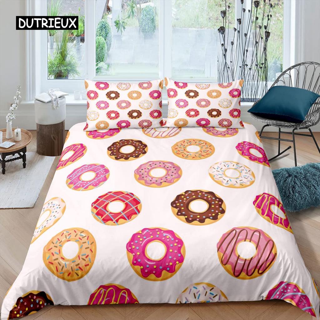 Donut Bettbezug-Set Dessert Lebensmittel Thema Bettdeckenbezug Bunter Druck 2/3-teilig Doppel Queen King Size Bettwäscheset für Kind Mädchen