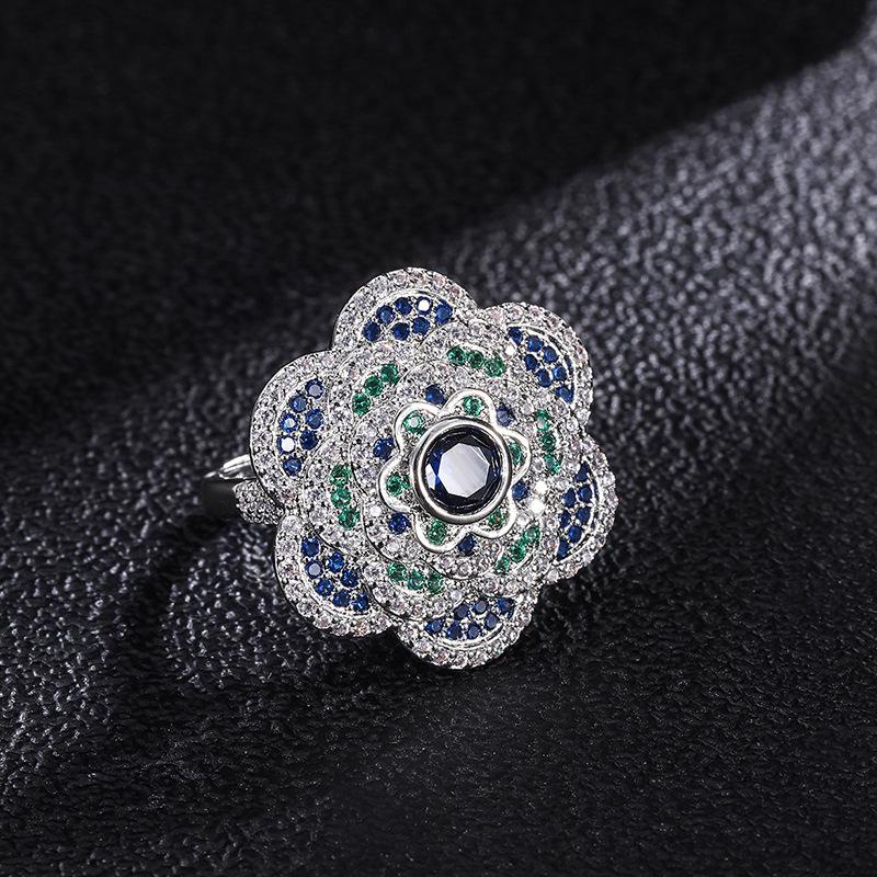 European and American Ring Simulation Color Treasure Retro Wind Sapphire Color Matching Stone Shining Diamond Stamen Women's Ring