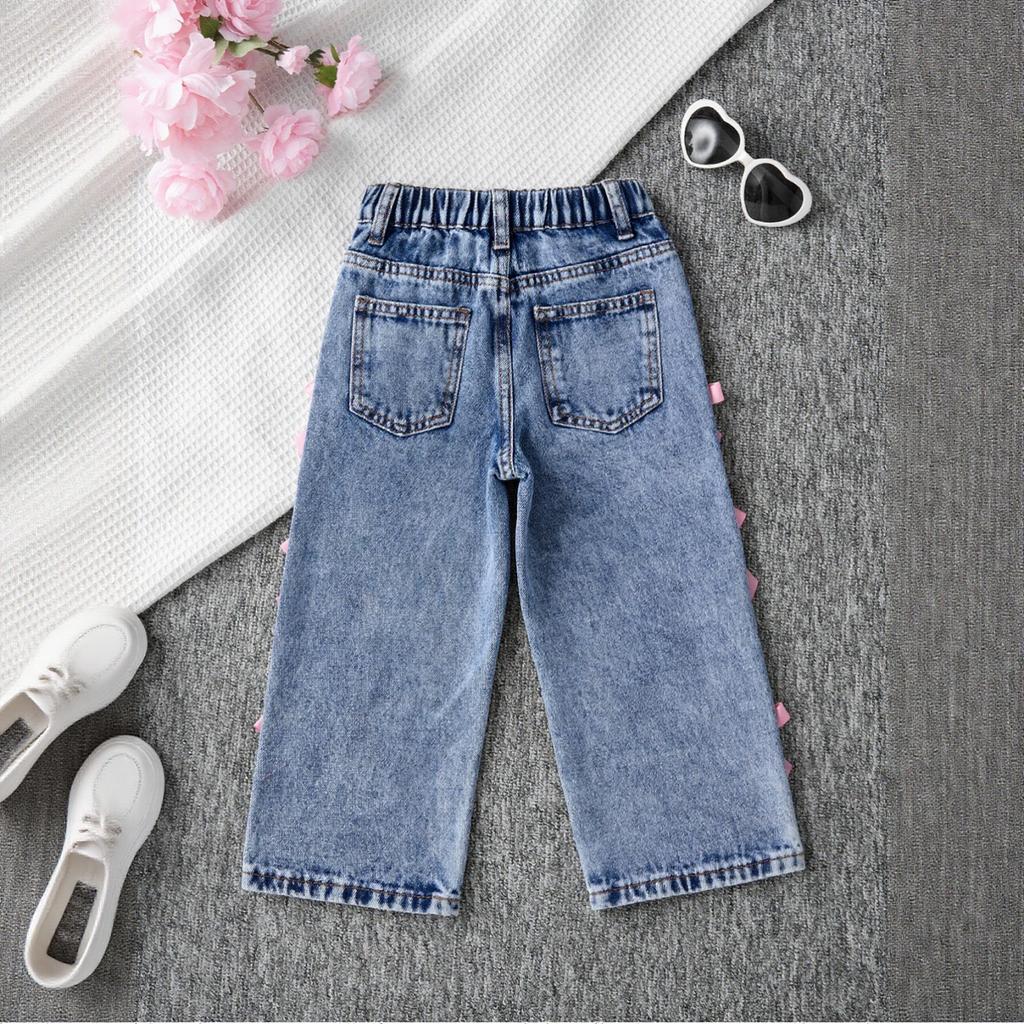 Girls' Fashionable Casual Teenage Casual Jeans With Bow Decorations And Wide-leg Pants