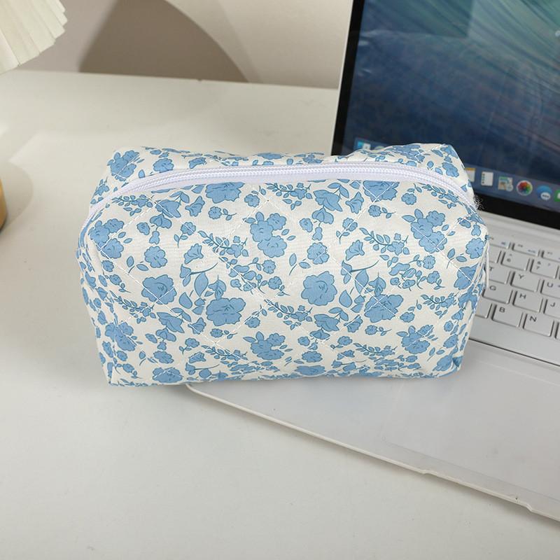 Floral Cotton Fabric Makeup Bag With Zipper Storage For Women And Teens