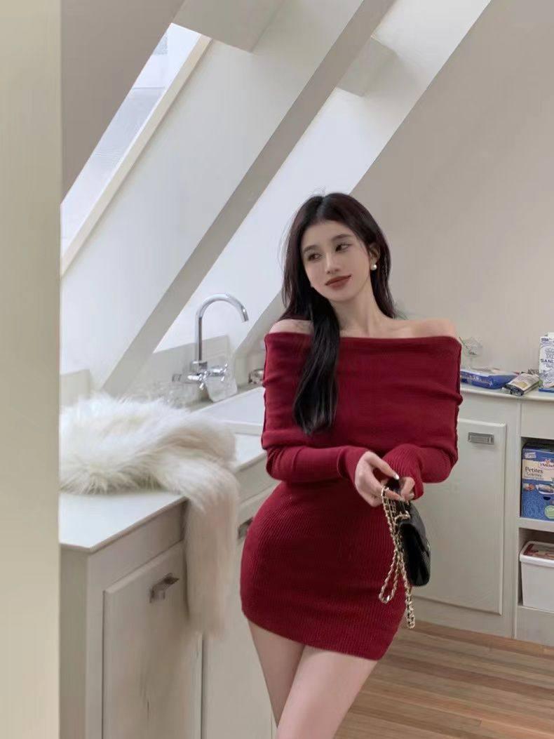 Elegant Red Off-Shoulder Waist-Cinched Slimming Women s Long Sleeve Bodycon Dress S for 60-80 jin
