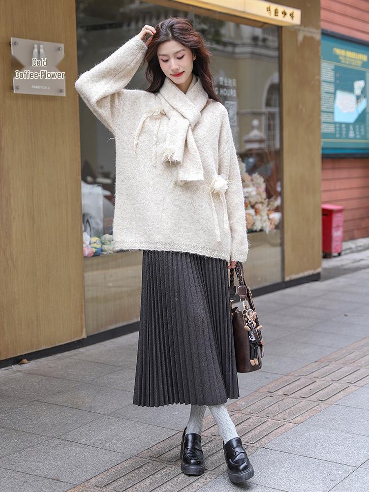 Winter 2024 Women's High-Waisted Wool Blend Pleated Midi Skirt – Slimming A-line Casual Style