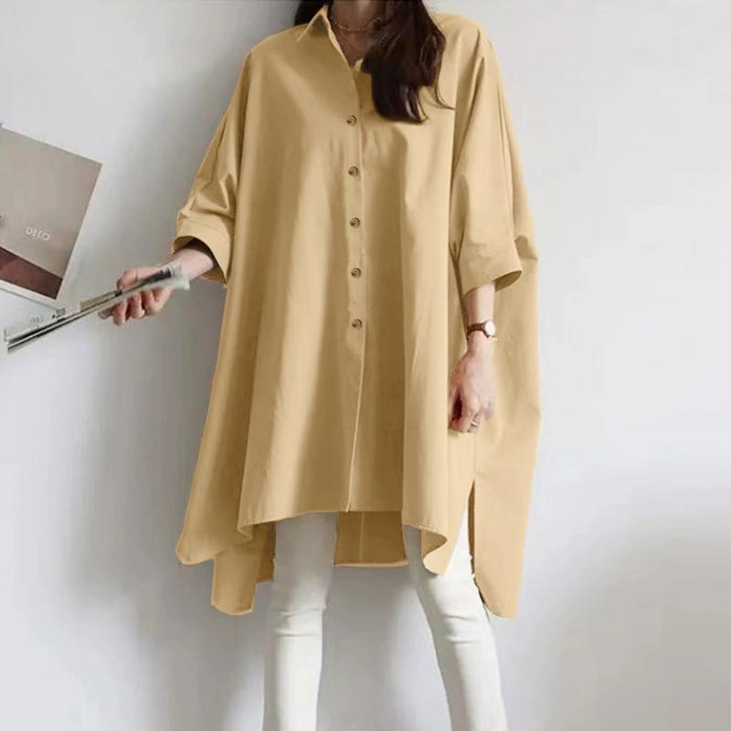 

ZANZEA Женская блузка с отложным воротником, свободного кроя, повседневная, с длинным рукавом, однотонная XL хаки