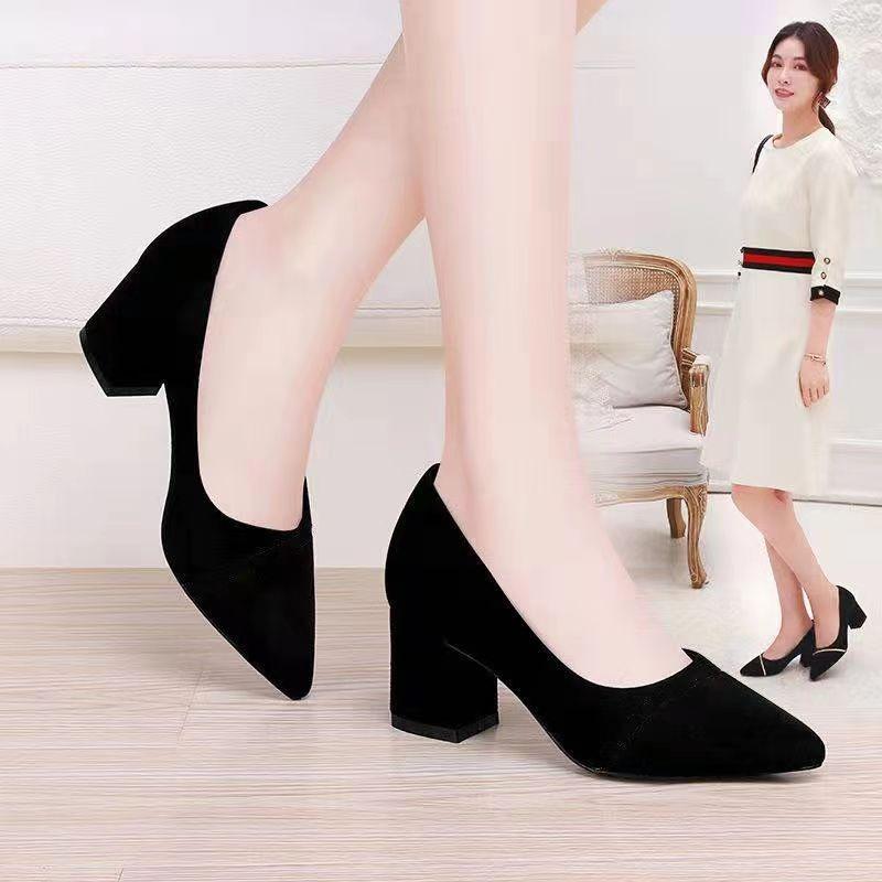 Autumn and winter thick heel single shoes women's medium heel high heels black workplace versatile pointed grandma shoes