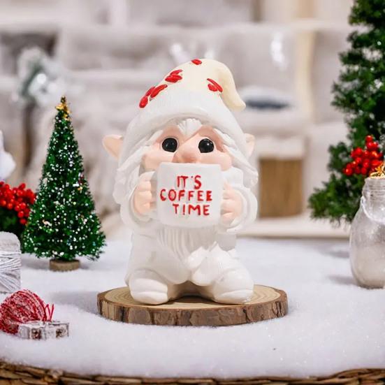 JE ČAS NA KÁVU Figurka trpaslíka pijícího kávu Elf Z pryskyřice Soška Domov Kancelář Stolní dekorace Ornament