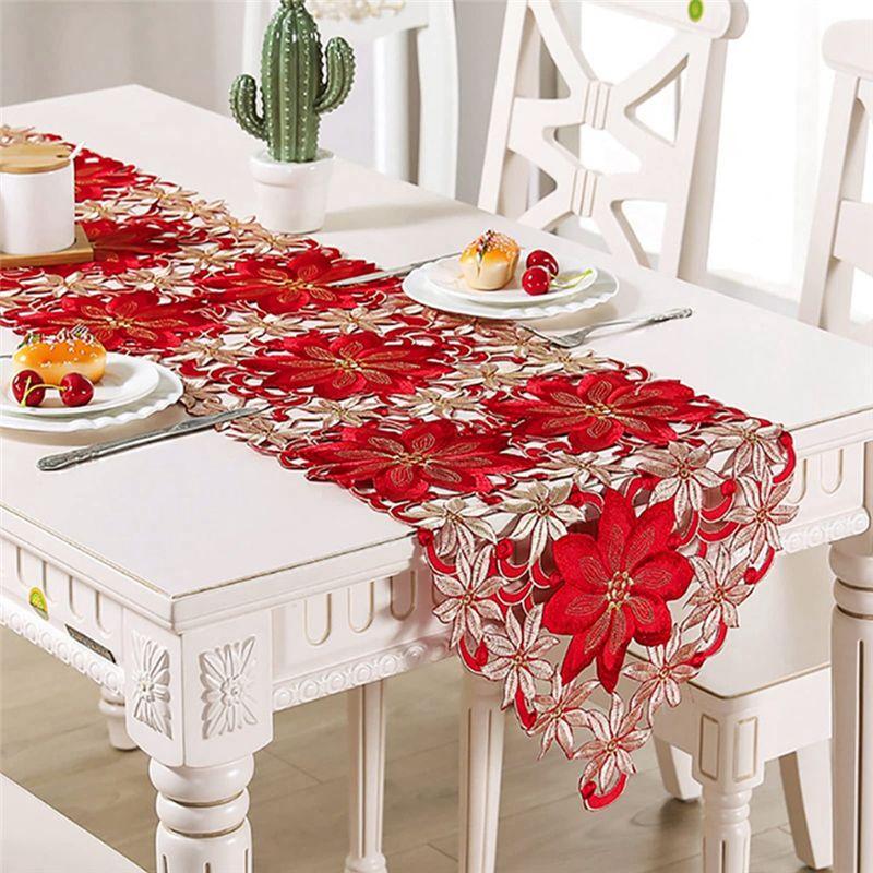 M-Modern-Christmas Table Runner, Poinsettia Holly Leaf Embroidered Table Linens For Christmas Decorations