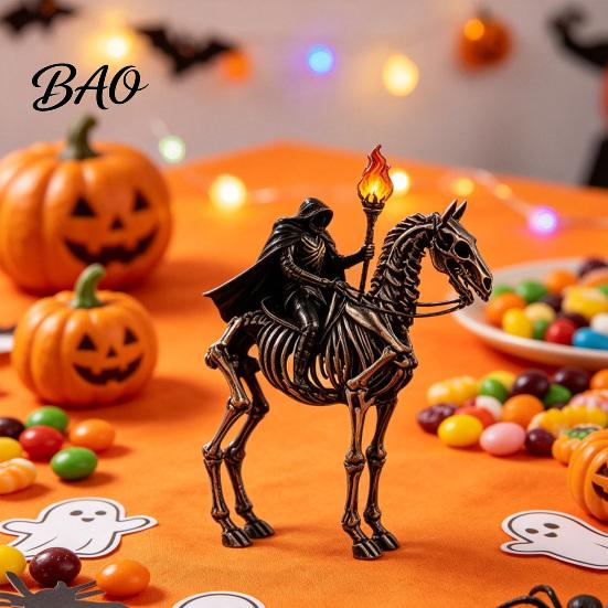 Collectible Gothic Art Gift Lighted Headless Horseman Resin Figurine, Halloween Statue with LED Warm Glow, Hooded Party Prop Rider on Skeleton