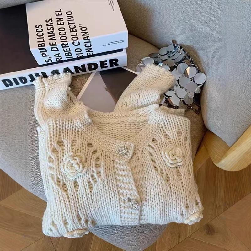 Three-dimensional Crochet Hollow Sweater Cardigan Women's Spring Design Sense Niche Gentle Sweet Soft Waxy Knitted Coat