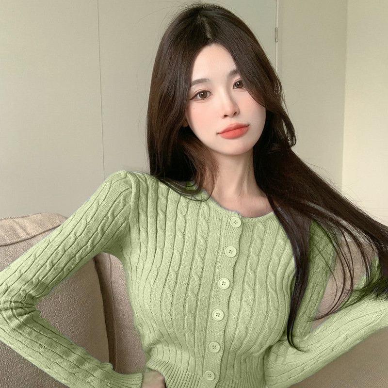 

Knitted Cardigan Women s Coat Long Sleeve Round Neck Korean Sweater Vintage Slim Short Tops Spring