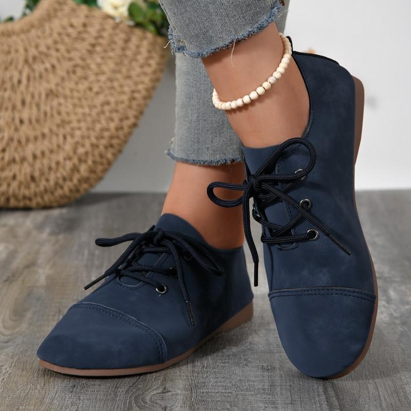 Women's Fashion Flat Shoes Spring New Round Head Splicing Front Lacing Soft Sole Anti-slip Wear-resistant Single Shoes
