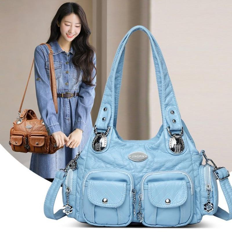 2025 Summer Fashion Blue Shoulder Bags For Women Small Shopper Bag Solid Color Soft Leather Crossbody Handbag Lady Travel Tote Bag
