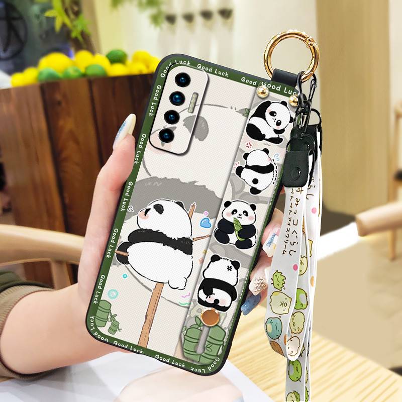 Fashion Design Cute Phone Case For Tecno Camon17P Phone Holder Cartoon Back Cover Shockproof Panda Silicone Ring Lanyard